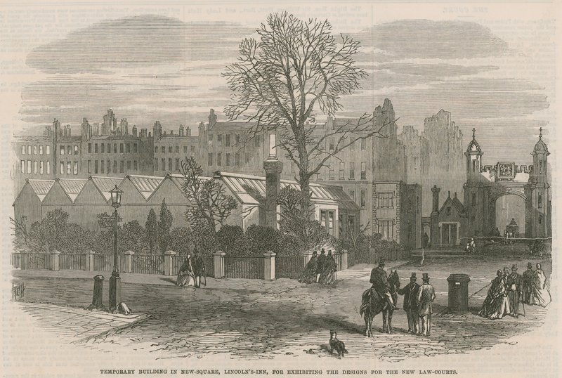 Edifício temporário em New Square, Lincolns Inn, para expor os projetos para os novos tribunais de English School