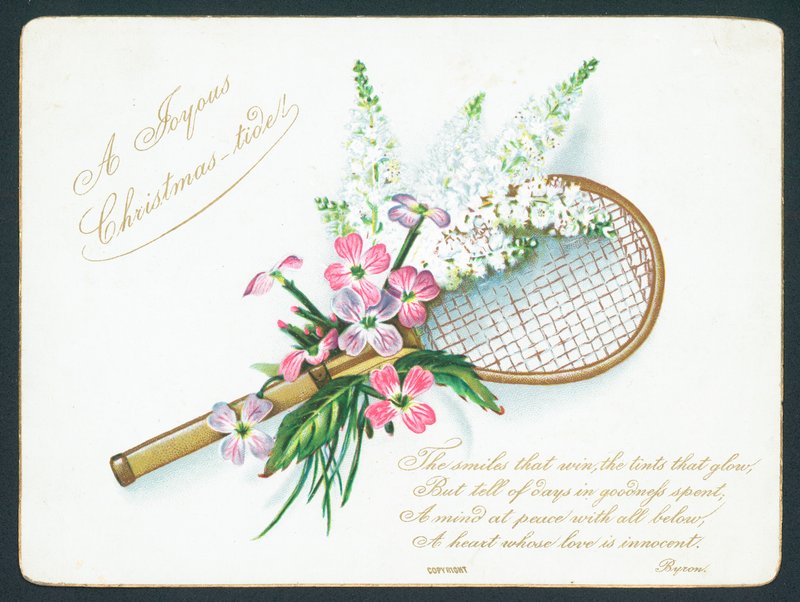 Raquete de tênis e flores, cartão de Natal. de English School