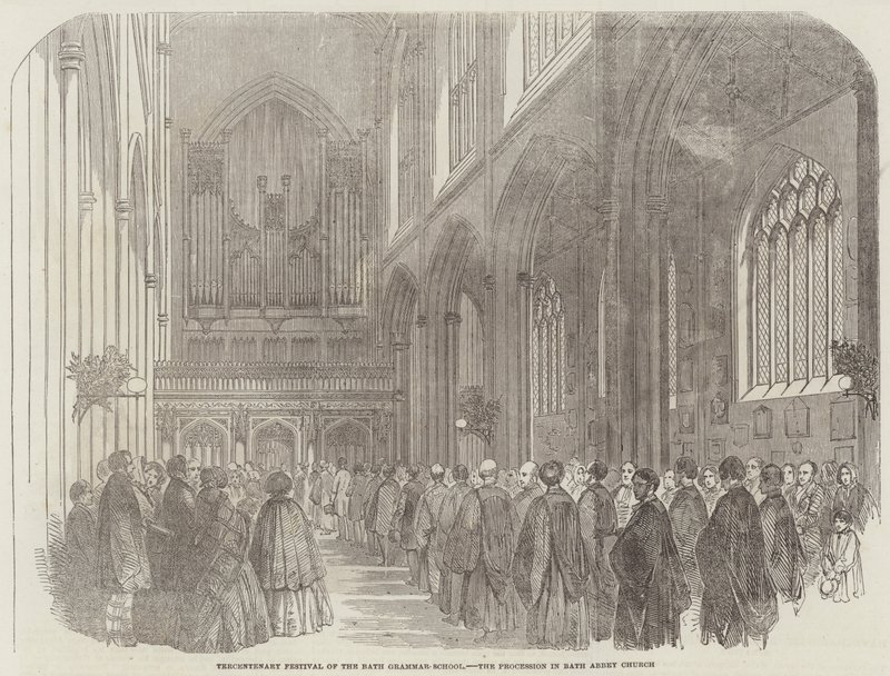 Festival Tercentenário da Escola Gramática do Banho, a Procissão na Igreja da Abadia de Bath (gravura) de English School