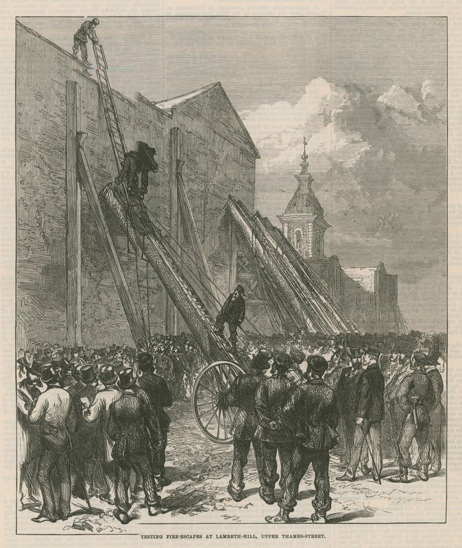 Testes de fugas de incêndio em Lambeth Hill, Upper Thames Street de English School