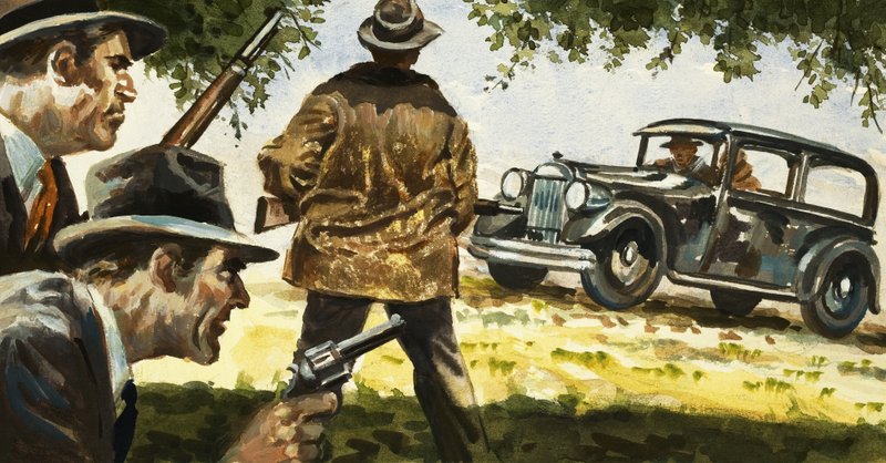 Texas Rangers emboscam um carro dirigido por Bonnie e Clyde de English School