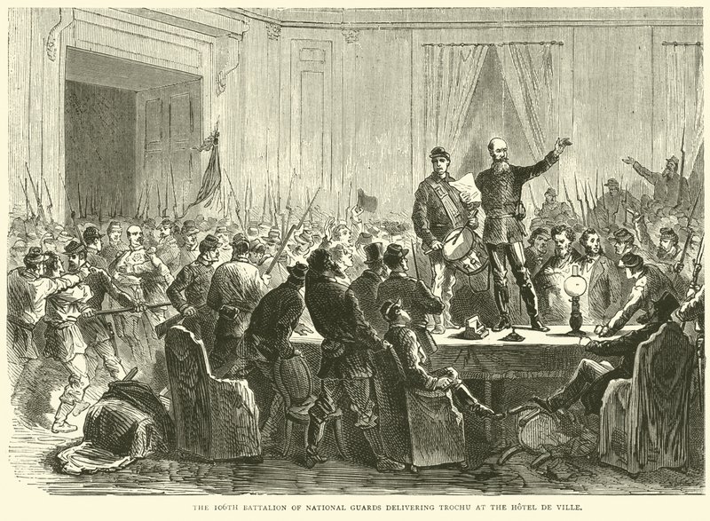 O 106º Batalhão de Guardas Nacionais entrega Trochu no Hotel de Ville, outubro de 1870 de English School