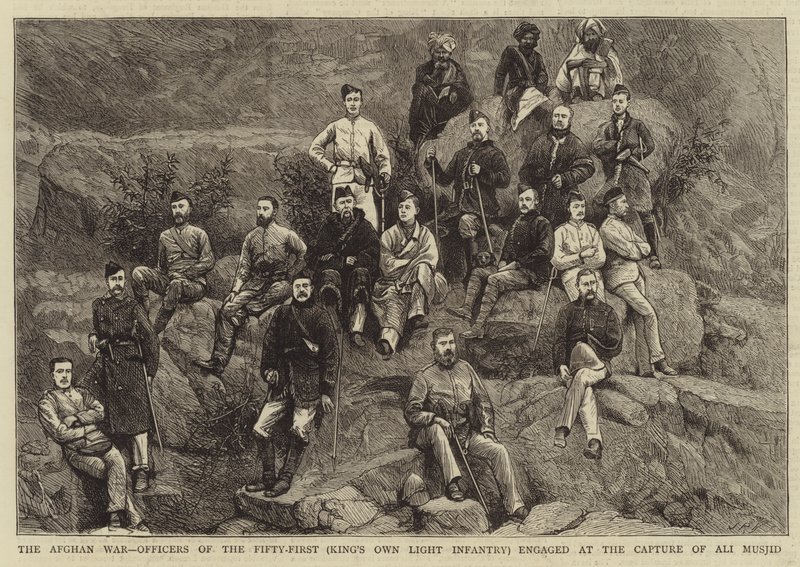 A Guerra do Afeganistão, Oficiais do Cinquentenário (Infantaria Ligeira do próprio Rei) engajados na Captura de Ali Musjid (gravura) de English School