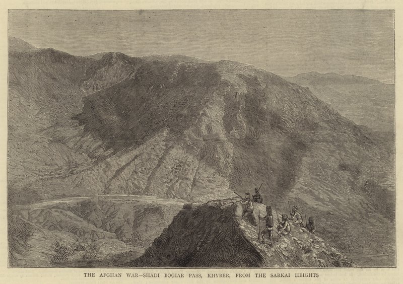 A Guerra do Afeganistão, Shadi Bogiar Pass, Khyber, dos Montes Sarkai (gravura) de English School