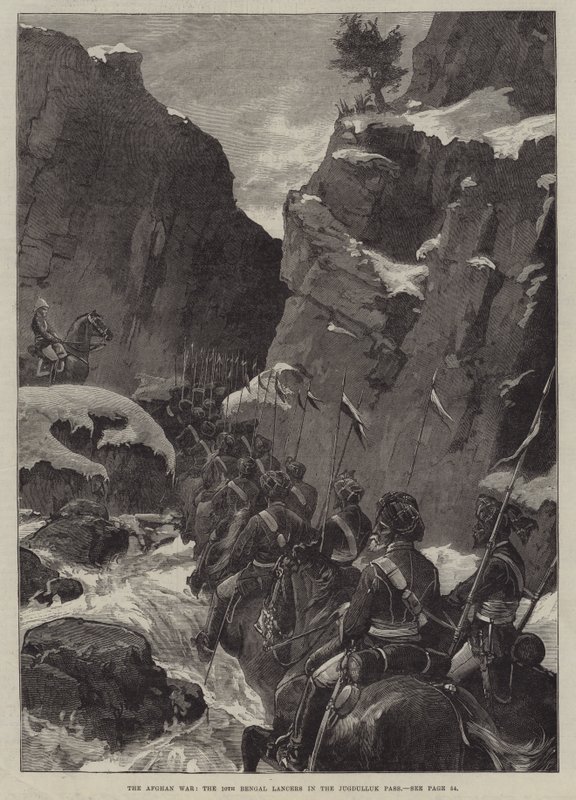 A Guerra do Afeganistão, o 10º Lanceiro de Bengala no Passo Jugdulluk (gravura) de English School
