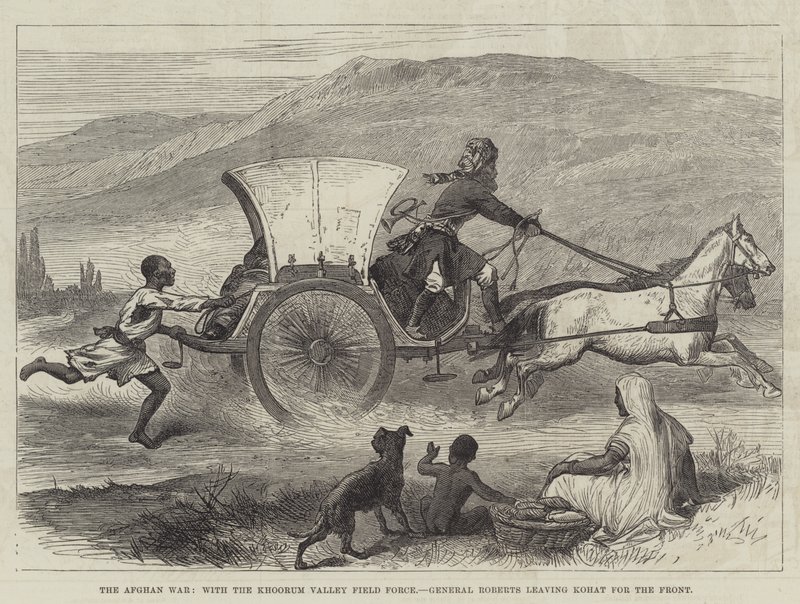 A Guerra do Afeganistão, com a Força de Campo de Khoorum Valley, General Roberts deixando Kohat para a Frente (gravura) de English School