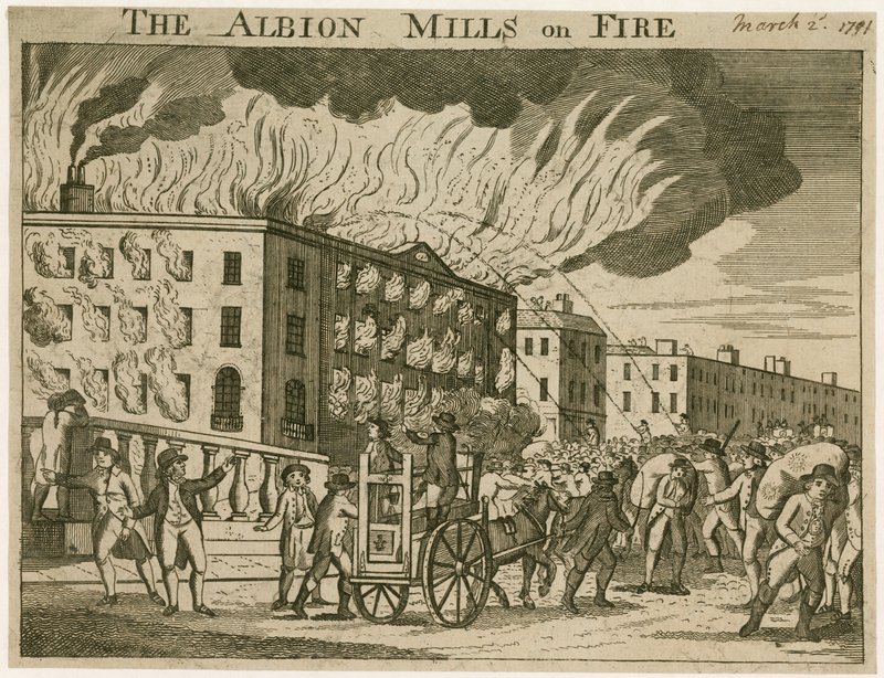 O Albion Mills em chamas de English School