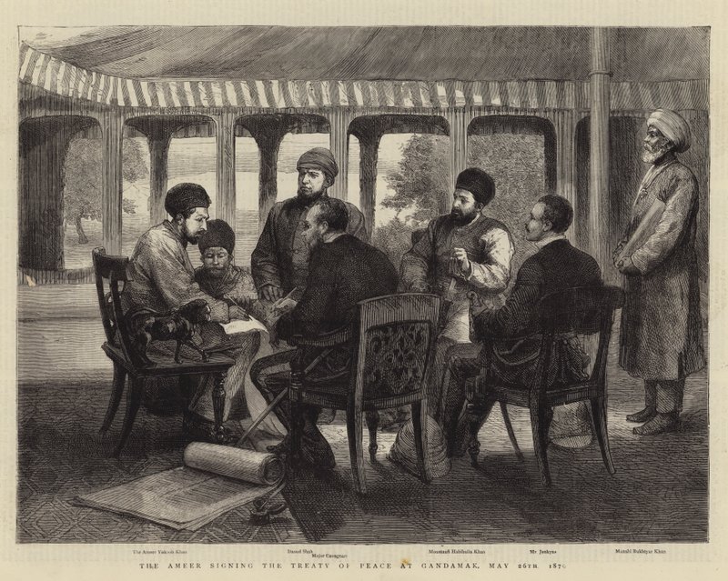 A Ameer assinou o Tratado de Paz em Gandamak, 26 de Maio de 1879 (gravura) de English School