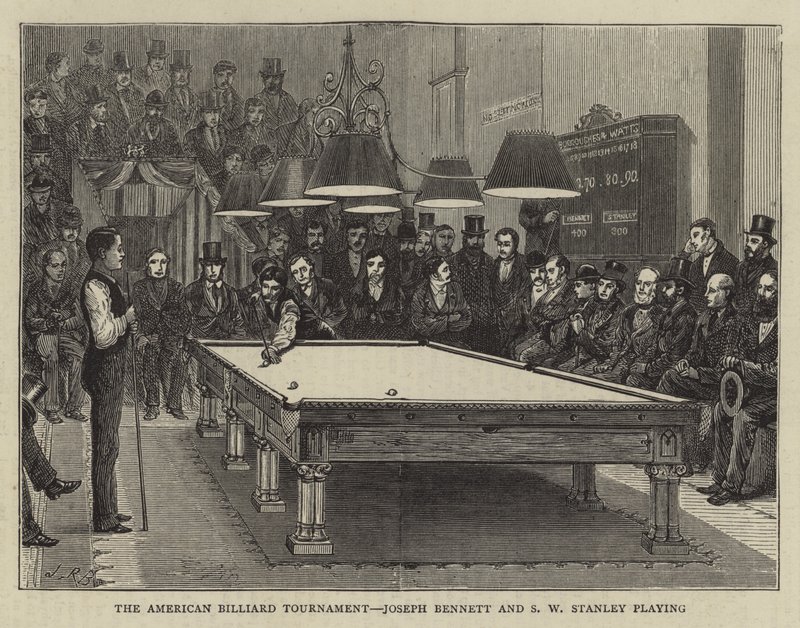 O Torneio Americano de Bilhar, Joseph Bennett e S W Stanley jogando (gravação) de English School