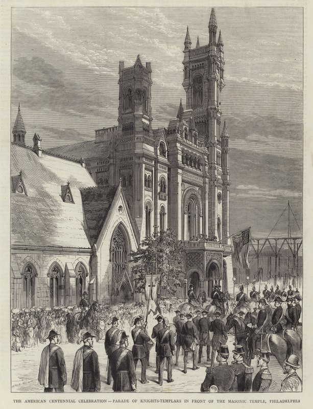 Celebração do Centenário Americano, Desfile de Cavaleiros-Templários em Frente ao Templo Maçónico, Filadélfia (gravura) de English School