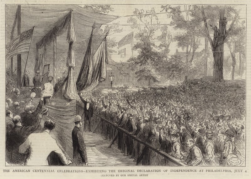 As Celebrações do Centenário Americano, exibindo a Declaração Original da Independência na Filadélfia, 4 de Julho (gravura) de English School