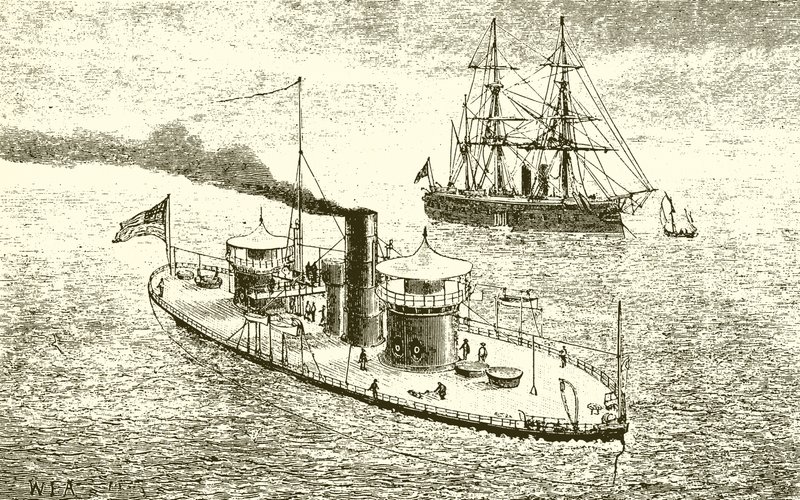 O navio de guerra gêmeo-americano Miantonoma e Ironclad de English School