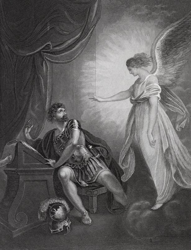 O anjo que aparece a Cornélio, Actos, cap. 10, v 4 (gravura) de English School