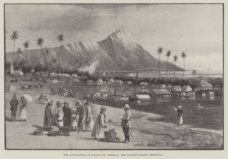 A anexação do Havaí pela América, o Landing-Place, Honolulu (gravura) de English School