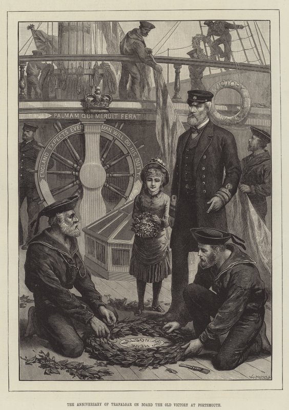 O Aniversário de Trafalgar a bordo da Velha Vitória em Portsmouth (gravura) de English School