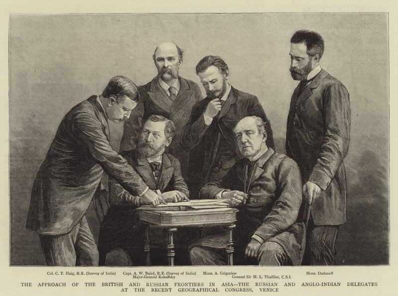A abordagem das fronteiras britânica e russa na Ásia, os delegados russos e anglo-indígenas no Congresso Geográfico Recente, Veneza (gravura) de English School