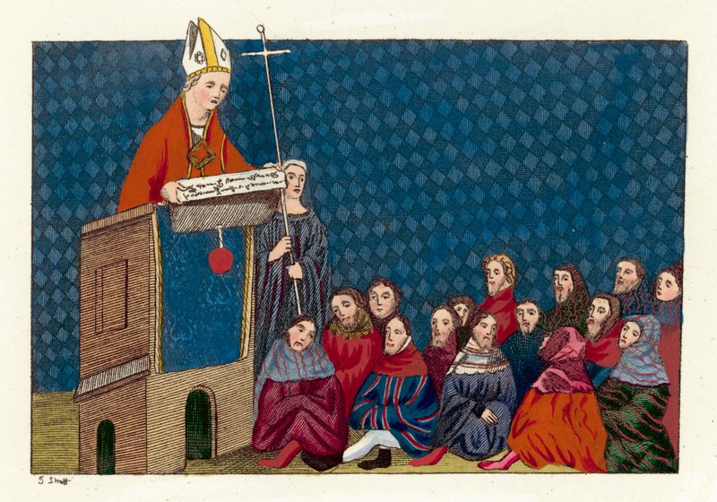 O Arcebispo de Cantuária pregando ao povo (gravura colorida) de English School