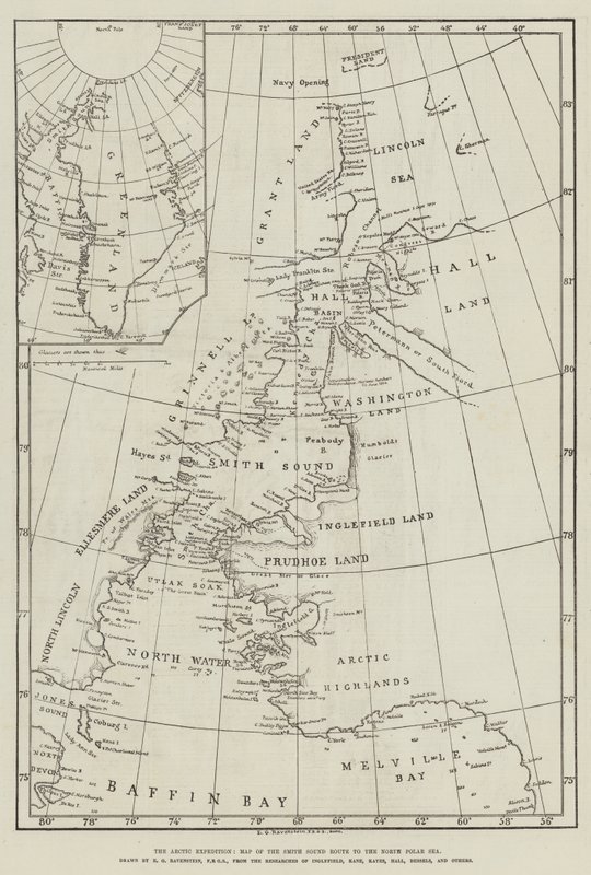 A Expedição Ártica, Mapa da Rota do Smith Sound para o Mar Polar Norte (gravura) de English School