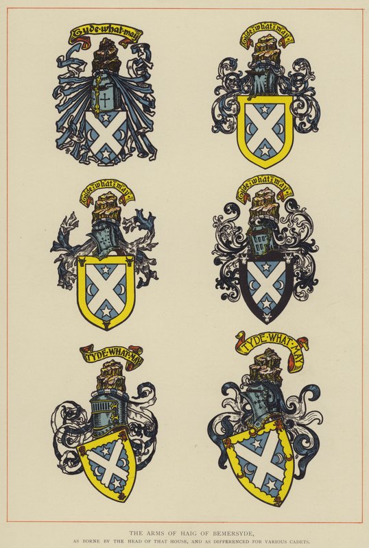 Os Braços de Haig de Bemersyde, como carregado pelo chefe daquela casa, e como diferido para vários cadetes (cor litho) de English School