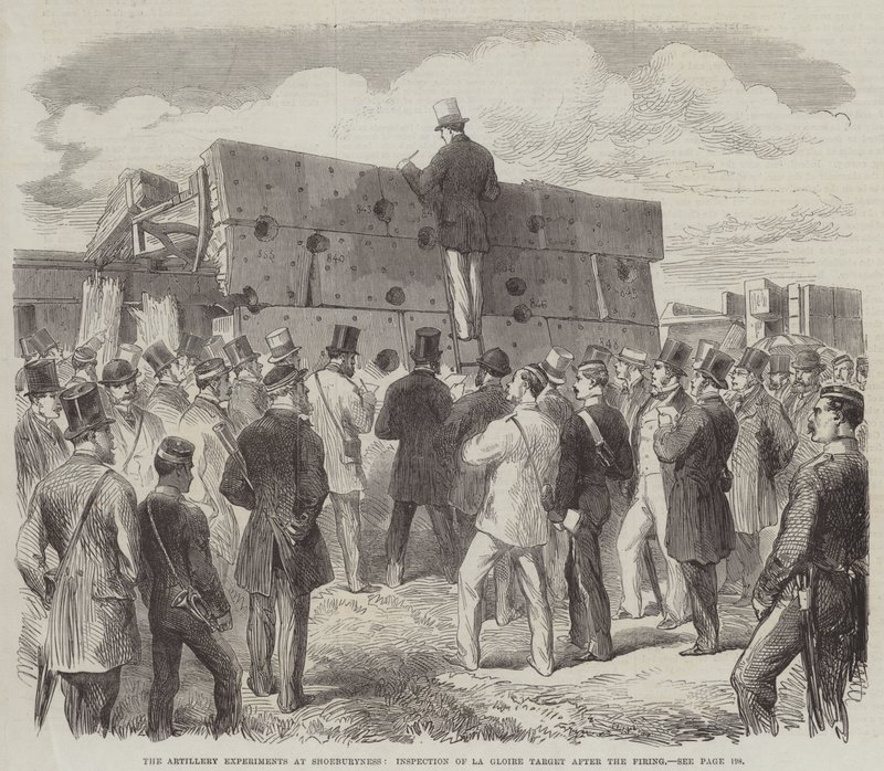 As Experiências de Artilharia na Shoeburyness, Inspecção do Alvo de La Gloire após a Queima (gravura) de English School