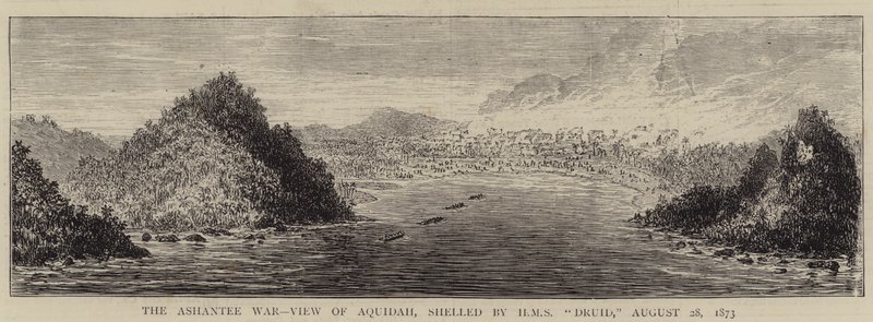 A Guerra das Cinzas, Vista de Aquidah, descascada por HMS "Druid", 28 de Agosto de 1873 (gravura) de English School