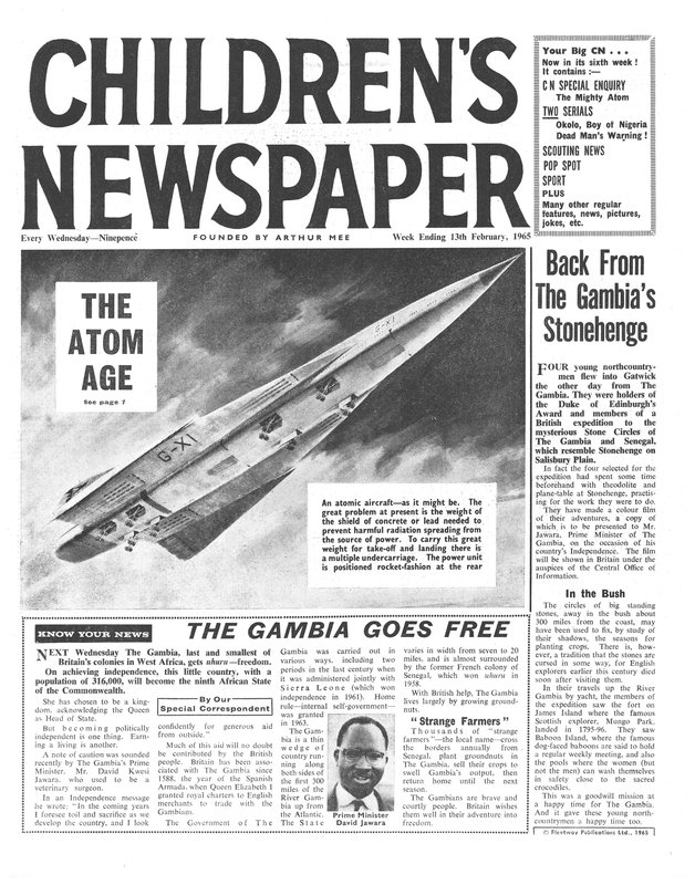 The Atom Age, primeira página do &39;The Children&39;s Newspaper&39;, fevereiro de 1965 (papel de jornal) de English School