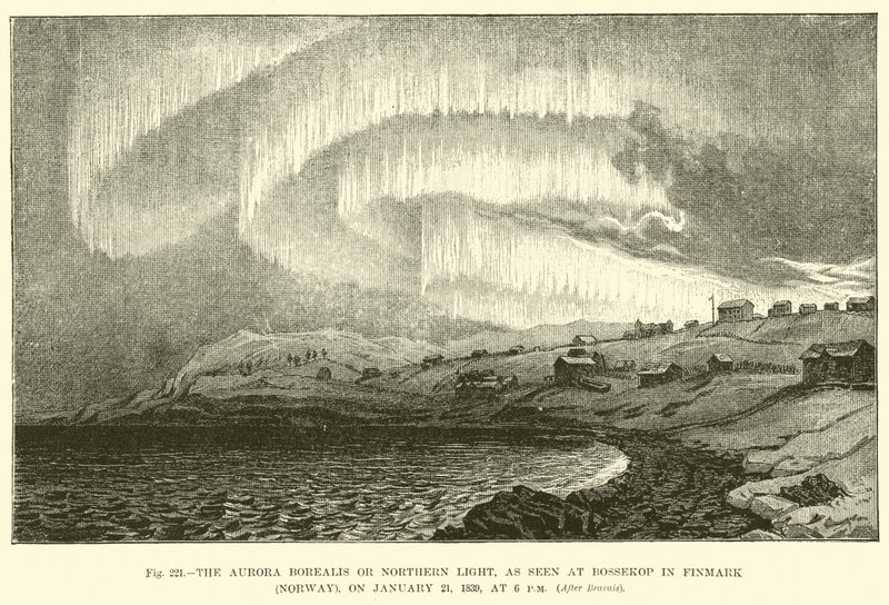 Aurora Boreal ou Northern Light, como visto em Bossekop em Finmark (Noruega), em 21 de janeiro de 1839, às 18h. de English School