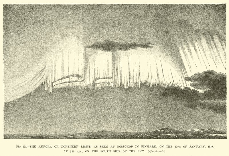 A Aurora ou a Luz do Norte, vista em Bossokop em Finmark, em 19 de janeiro de 1839, às 19h40, no lado sul do céu. de English School
