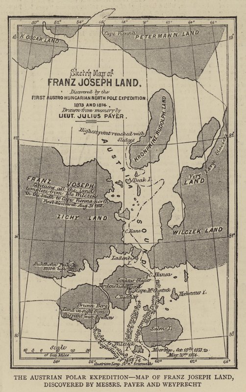 A Expedição Polar Austríaca, Mapa da Terra de Franz Joseph, descoberta por Messers Payer e Weyprecht (gravura) de English School