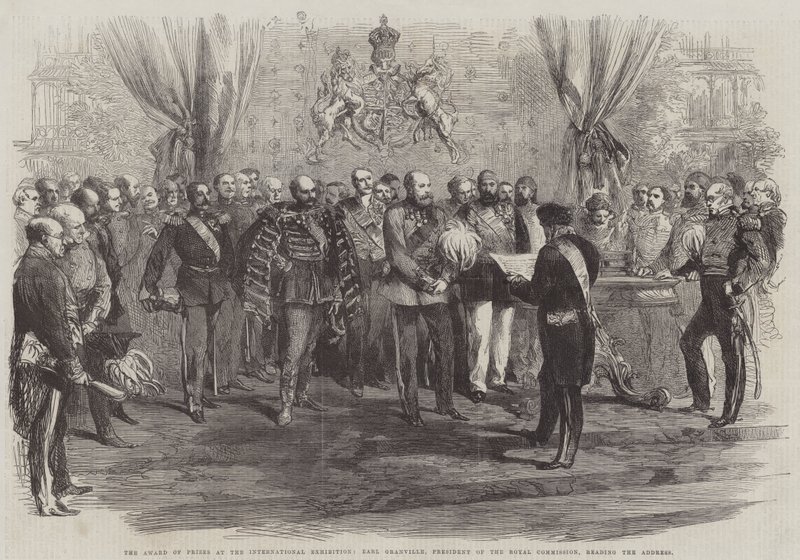 A entrega dos prémios na Exposição Internacional, Earl Granville, Presidente da Comissão Real, lendo o discurso (gravação) de English School
