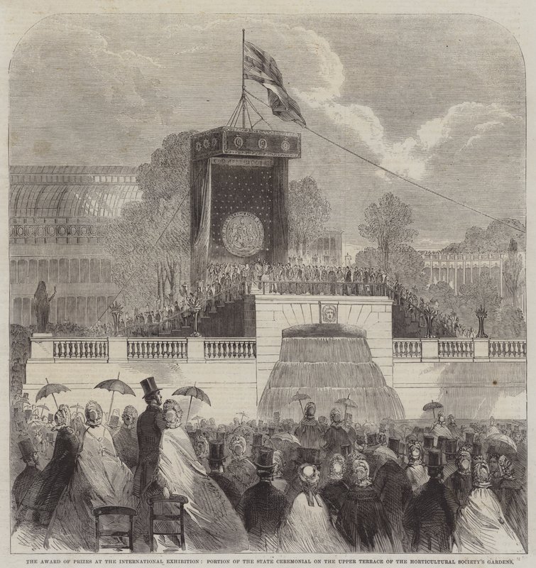 Entrega de Prêmios na Exposição Internacional, Porção do Cerimonial Estadual no Terraço Superior dos Jardins da Sociedade de Horticultura (gravura) de English School
