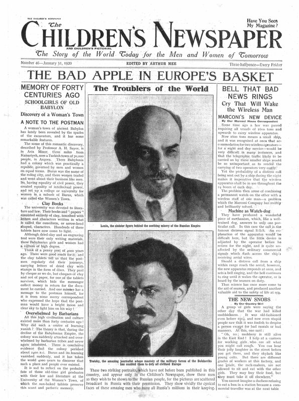 The Bad Apple na Cesta da Europa, primeira página do &39;The Children&39;s Newspaper&39;, de janeiro de 1920 (papel de jornal) de English School