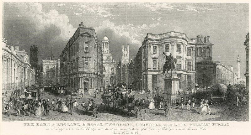 O Banco da Inglaterra e Royal Exchange, Cornhill, com a King William Street de English School