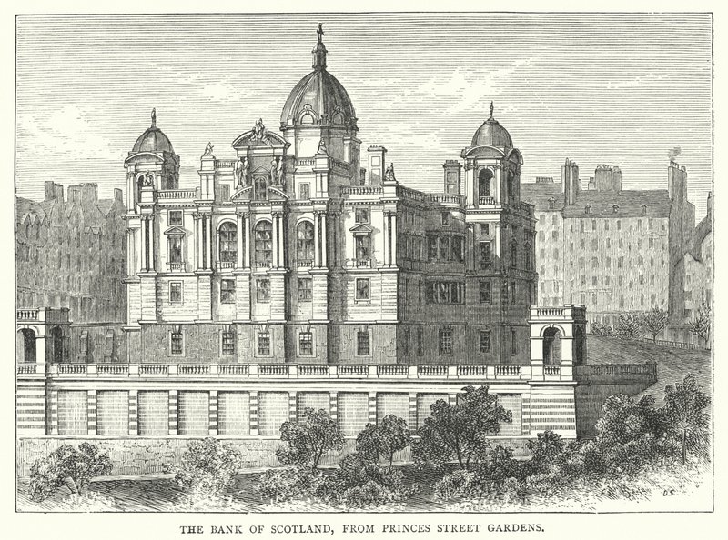 The Bank of Scotland, do Princes Street Gardens (gravura) de English School