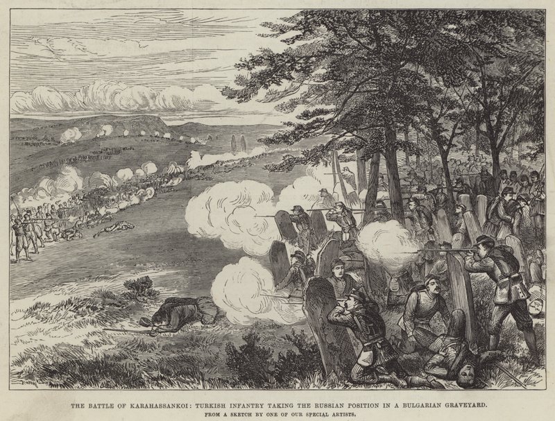 A Batalha de Karahassankoi, Infantaria Turca tomando a posição russa em um Cemitério Búlgaro (gravura) de English School