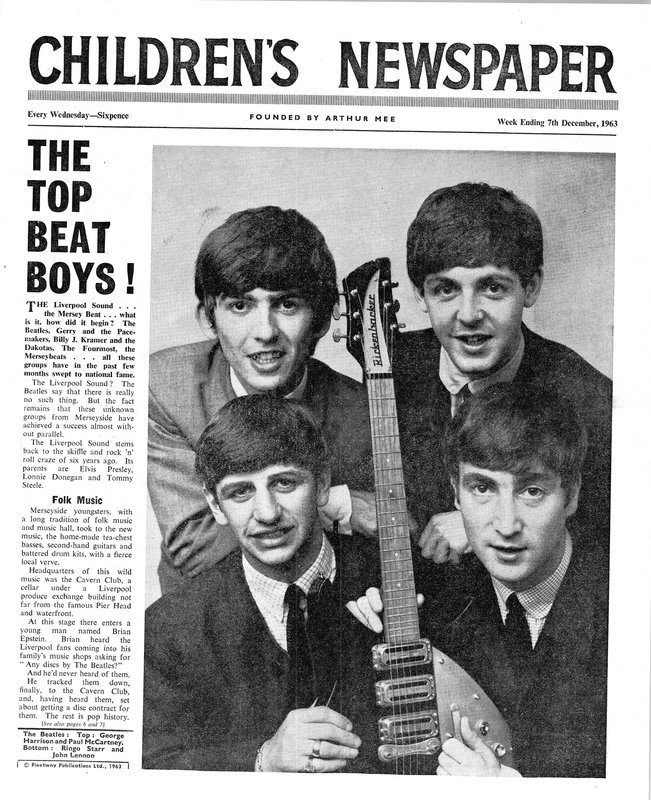 The Beatles, primeira página do The Childrens Newspaper, dezembro de 1963 (papel de jornal) de English School