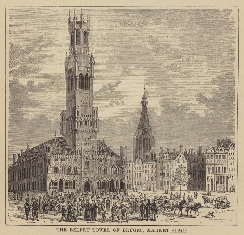 A Torre Belfry Tower of Bruges, Market Place (gravura) de English School