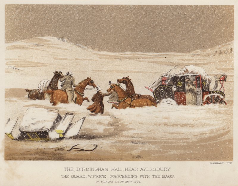 O correio de Birmingham, perto de Aylesbury, o guarda W Price, procedendo com as malas (cor litho) de English School
