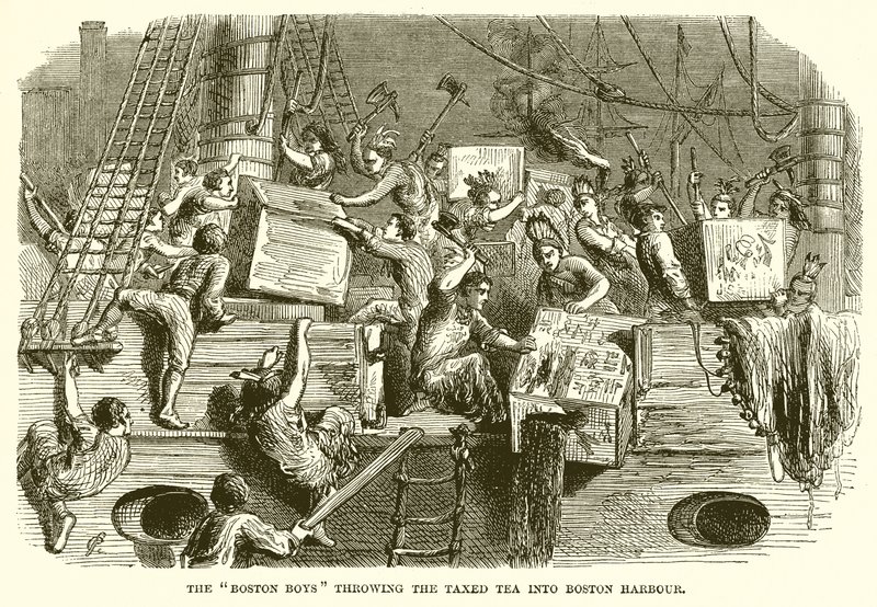 Os meninos de Boston jogando o chá taxado no porto de Boston de English School