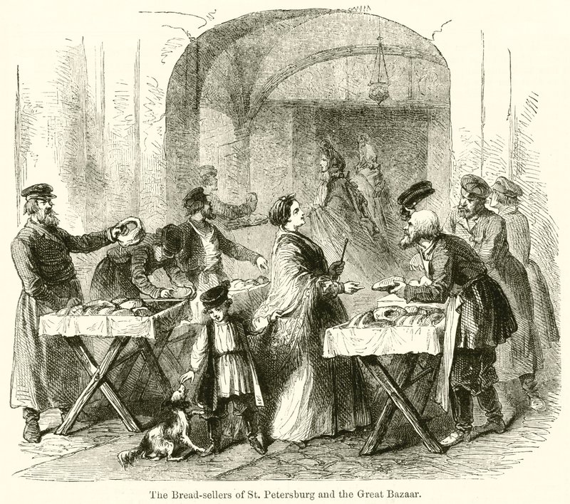 Os vendedores de pão de São Petersburgo e o Grande Bazar (gravura) de English School