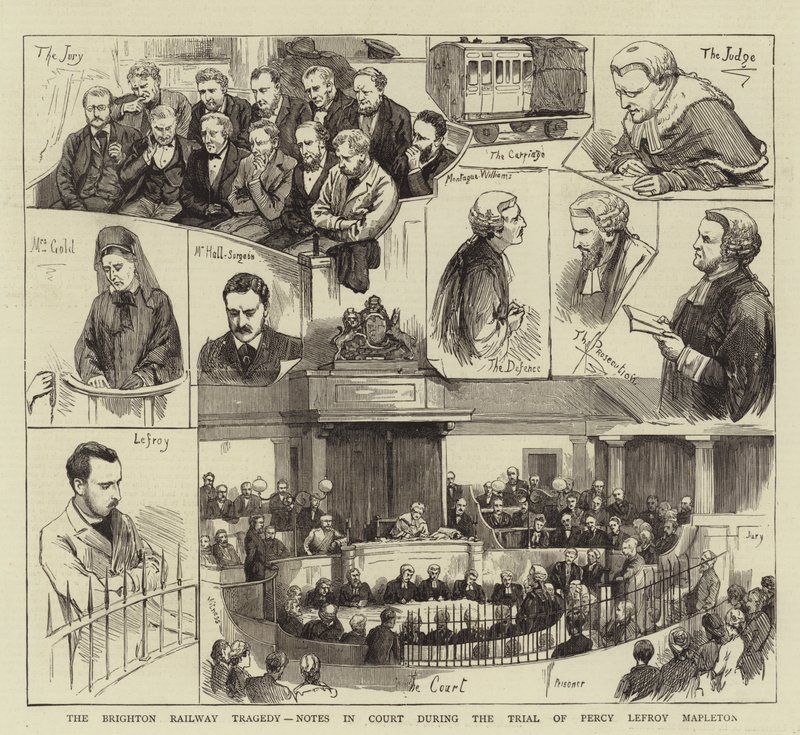 A tragédia ferroviária de Brighton, notas na corte durante o julgamento de Percy Lefroy Mapleton de English School