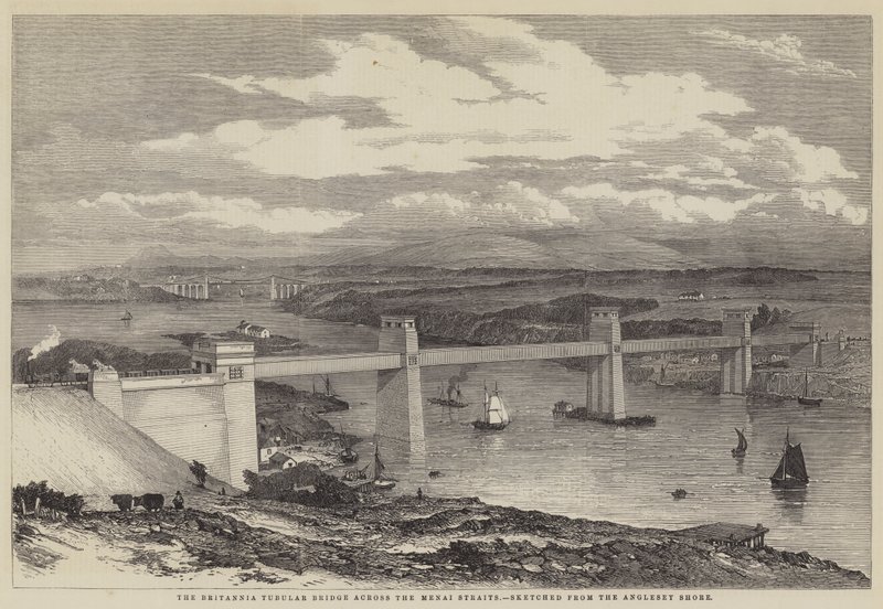 A Ponte Tubular Britannia através do Estreito de Menai (gravura) de English School
