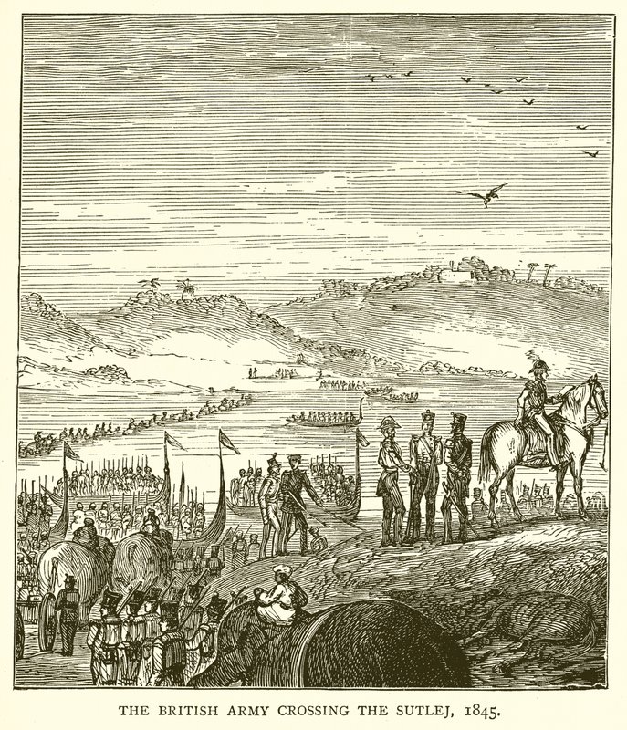 O exército britânico cruzando o Sutlej, 1845 de English School