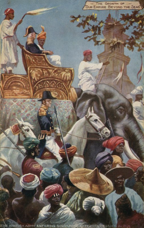 O exército britânico que entra em Singapura depois da sua cessão em 1824 de English School