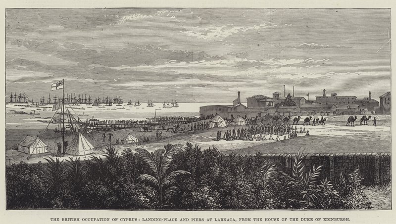 A ocupação britânica de Chipre, Landing-Place e Piers em Larnaca, da Casa do Duque de Edimburgo (gravura) de English School