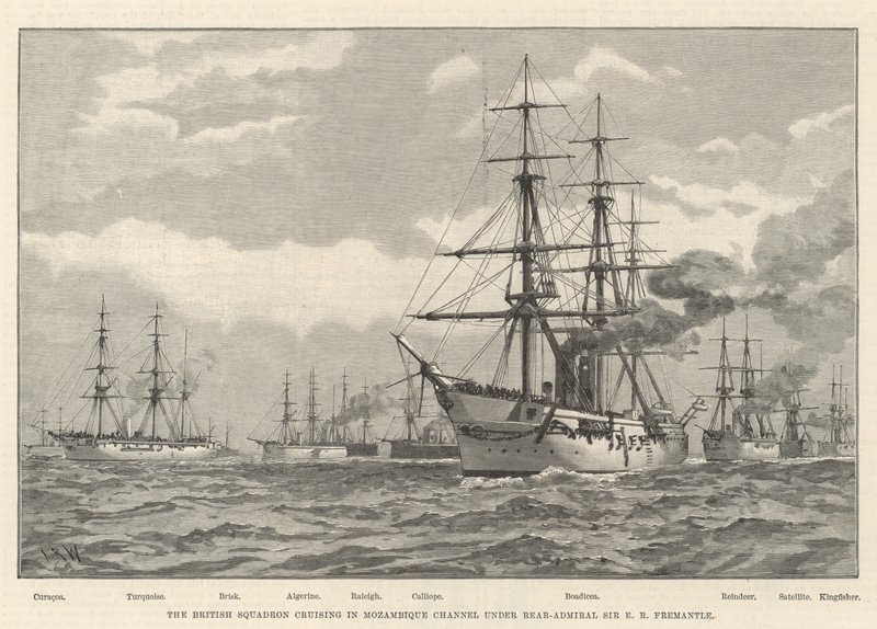 Cruzeiro da Esquadrilha Britânica no Canal de Moçambique sob o Contra-Almirante Sir E R Fremantle (gravura) de English School