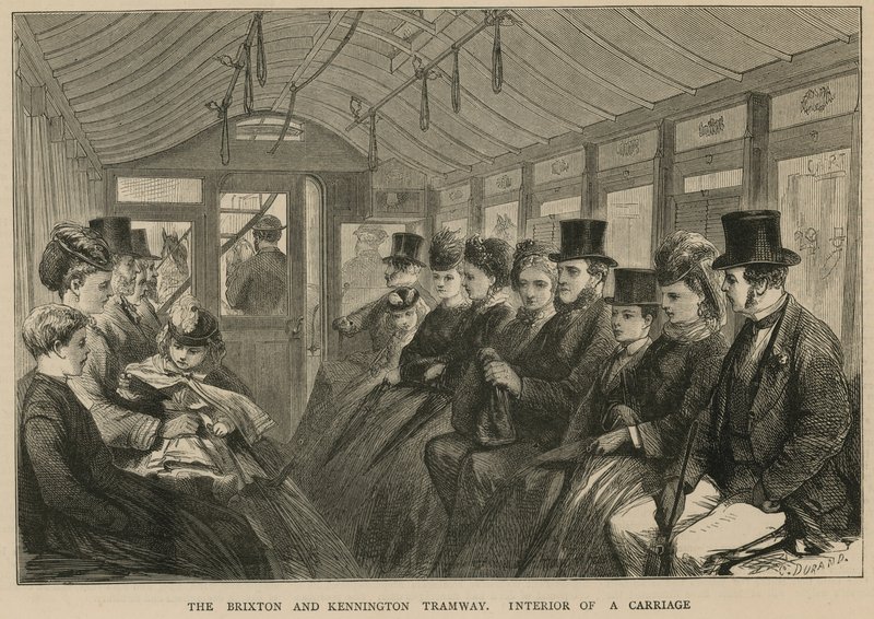 O Brixton e Kennington Tramway - interior de uma carruagem de English School