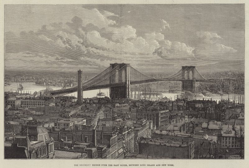 A Ponte do Brooklyn sobre o East River, entre Long Island e Nova Iorque (gravura) de English School