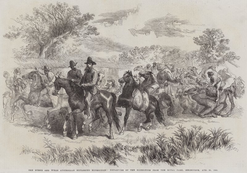 The Burke and Wills Australian Exploring Expedition, Saída da Expedição do Royal Park, Melbourne, 20 de Agosto de 1860 (gravura) de English School