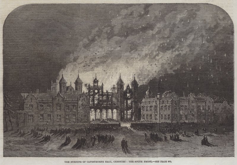 The Burning of Capesthorne Hall, Cheshire, the South Front (gravura) de English School